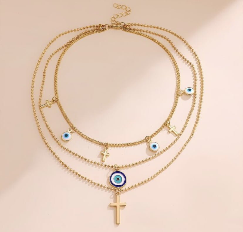 Filigree Cross Pendant with Evil Eye - 14K Gold - GREEK ROOTS Jewelry