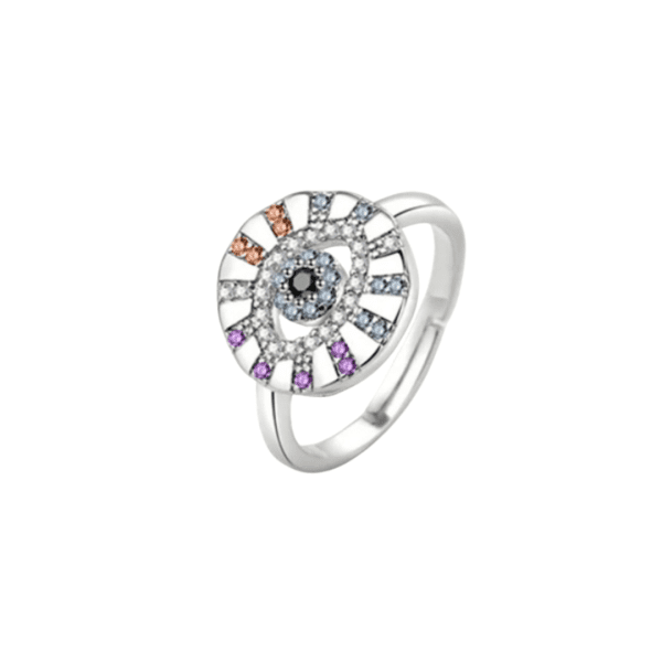 Adjustable Silver and Multi-Colour Rhinestone Evil Eye Ring