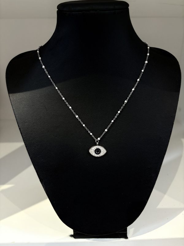 White Bead Large Diamanté Evil Eye Necklace