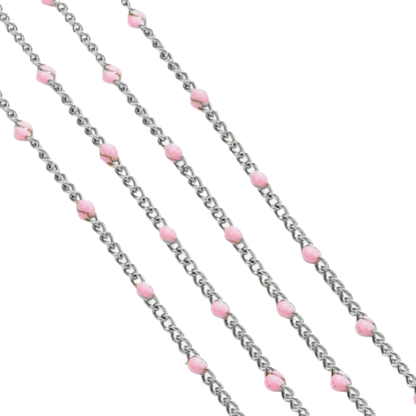 Pink Circle Bead Stainless Steel Silver Chain