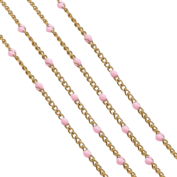 Pink Circle Bead Stainless Steel Gold Chain