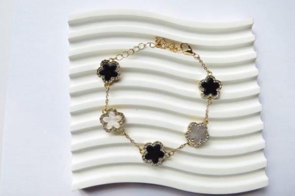 Black and White Rhinestone 5-Leaf Clover Bracelet