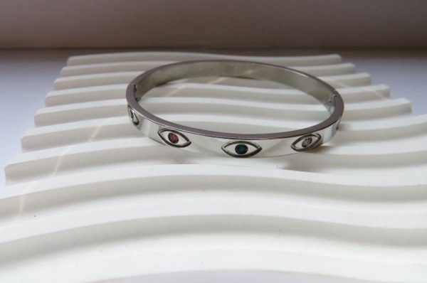 Multi-Colour Rhinestone Evil Eye Silver Cuff Bracelet
