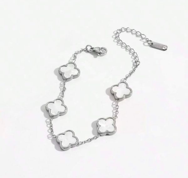 White Simple 4-Leaf Clover Silver Bracelet