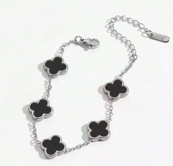 Black Simple 4-Leaf Clover Silver Bracelet