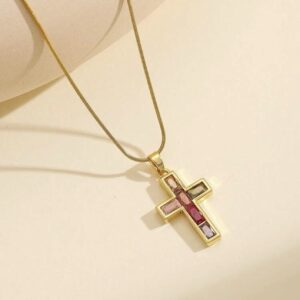 Radiant Faith Tarnish-Proof Rainbow Gem Cross Necklace- Gold plated stainless steel