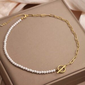 Classic Asymmetry Tarnish-Proof Half-Pearl Paperclip Necklace