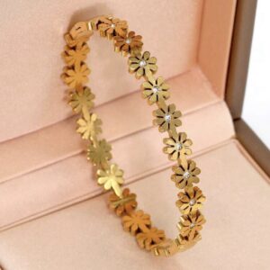 Gold Daisy Zirconia Floral Hinged Bangle