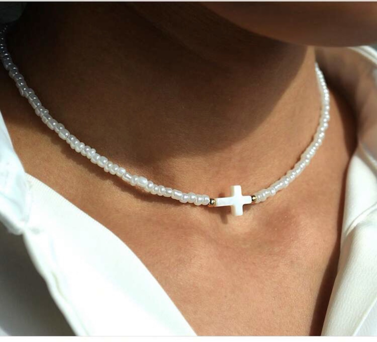 Mother of Pearl Beaded Cross Choker Necklace