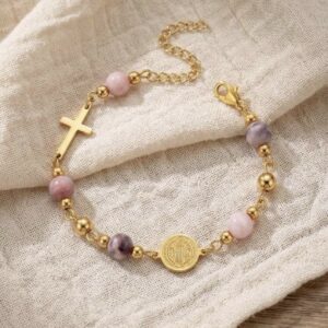 Gold Benedictine Medal & Cross Beaded Bracelet