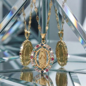 Our Lady Tarnish-Proof Four-Gem Medallion Necklace