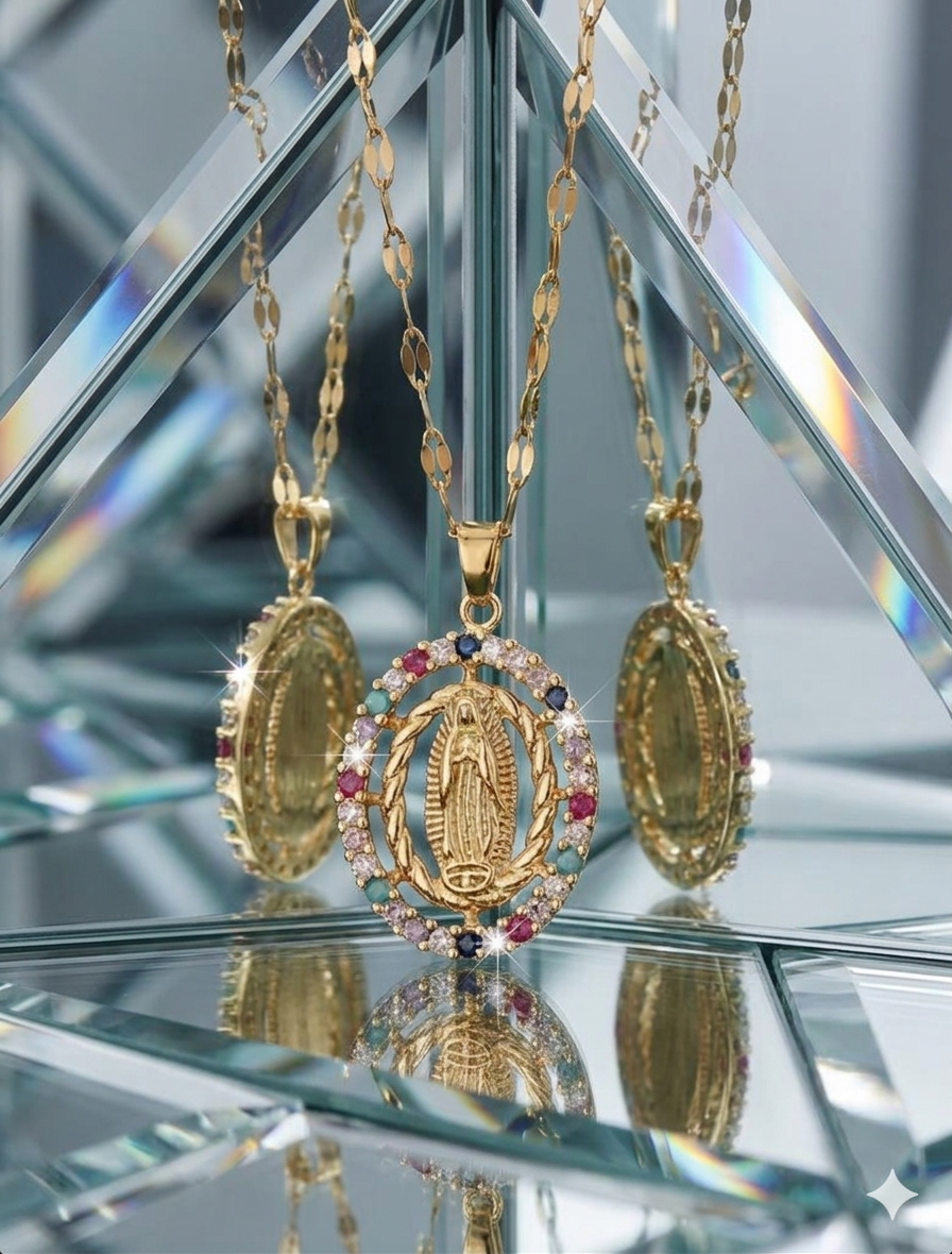 Our Lady Tarnish-Proof Four-Gem Medallion Necklace