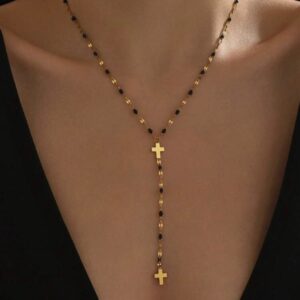 Gold Black Beaded Rosary Y-Necklace - Gold plated stainless steel