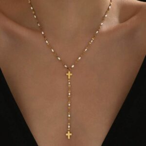 Gold White Beaded Rosary Y-Necklace