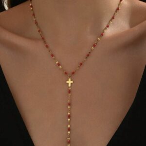 Gold Red Beaded Rosary Y-Necklace- gold plated stainless steel