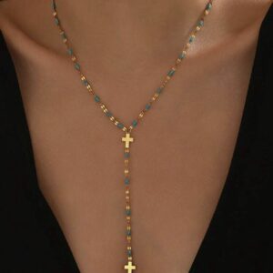 Gold Turquoise Beaded Rosary Y-Necklace- gold plated stainless steel
