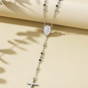 Silver & Black Beaded Miraculous Medal Rosary Y-Necklace - Stainless steel