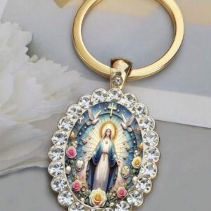 Gold Virgin Mary Rhinestone Medallion Keychain