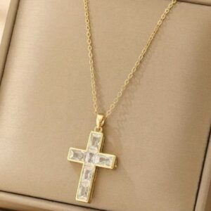 Gold Baguette Crystal Cross Pendant Necklace