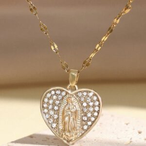 Gold Crystal Heart Virgin Mary Pendant Necklace