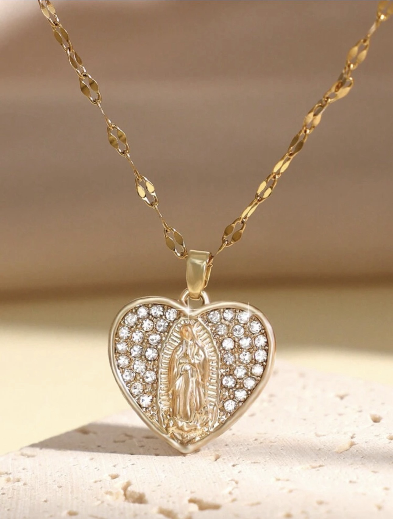 Gold Crystal Heart Virgin Mary Pendant Necklace