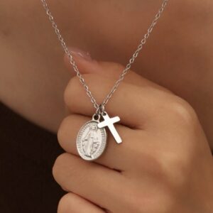 Silver Miraculous Medal & Cross Double Charm Necklace