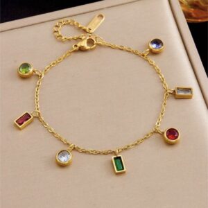 Gold Multi-Color Gemstone Dangle Charm Bracelet