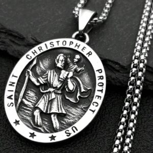 Stainless steel silver St Christopher Medallion and chain