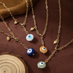 Bohemian natural stone evil eye charm necklace in blue or white